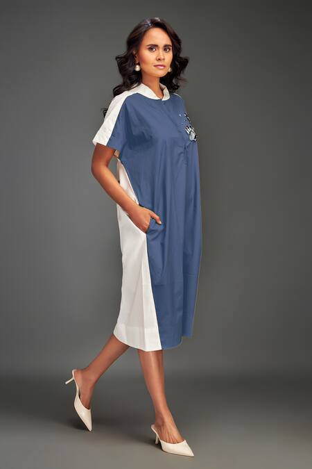 Deepika Arora Blue Cotton Collared Color Blocked Midi Dress Online at Aza Fashions Deepika Arora_Blue Cotton Collared Color Blocked Midi Dress _Online_at_Aza_Fashions