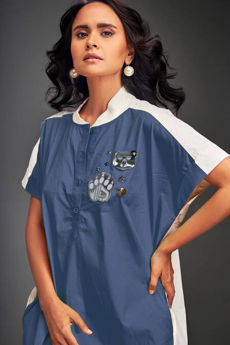 Buy Deepika Arora Blue Cotton Collared Color Blocked Midi Dress Online at Aza Fashions Buy_Deepika Arora_Blue Cotton Collared Color Blocked Midi Dress _Online_at_Aza_Fashions