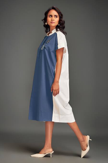 Deepika Arora Blue Cotton Collared Color Blocked Midi Dress at Aza Fashions Deepika Arora_Blue Cotton Collared Color Blocked Midi Dress _at_Aza_Fashions