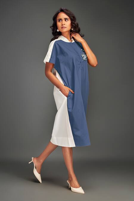 Buy Deepika Arora Blue Cotton Collared Color Blocked Midi Dress Buy_Deepika Arora_Blue Cotton Collared Color Blocked Midi Dress