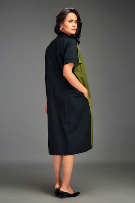 Shop_Deepika Arora_Green Cotton Collared Color-blocked Midi Dress _at_Aza_Fashions