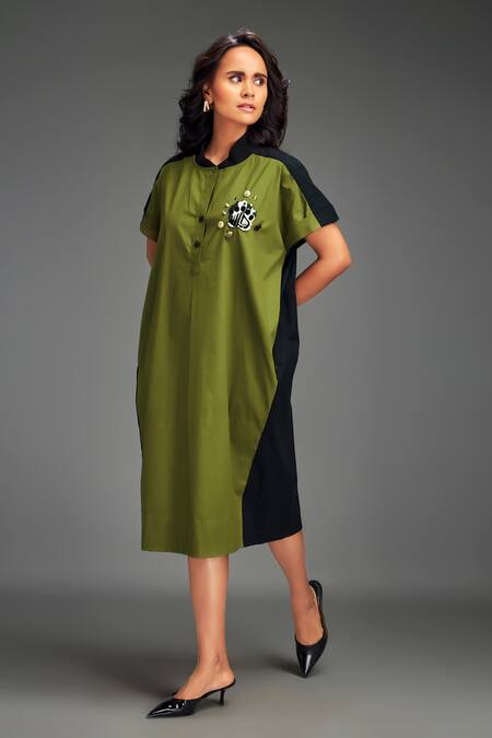 Buy_Deepika Arora_Green Cotton Collared Color-blocked Midi Dress _Online_at_Aza_Fashions