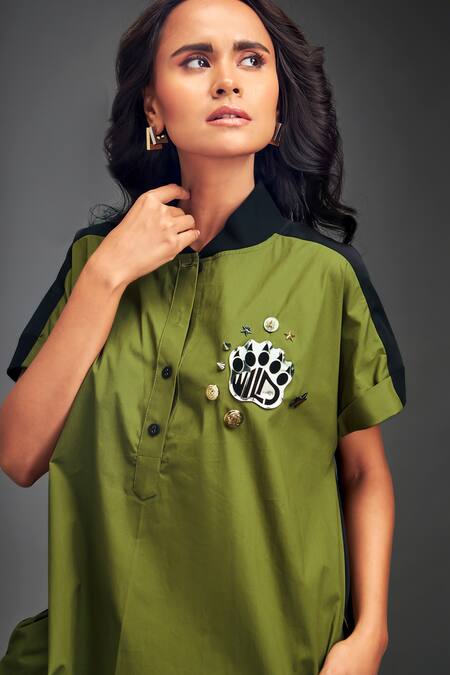 Deepika Arora_Green Cotton Collared Color-blocked Midi Dress _at_Aza_Fashions