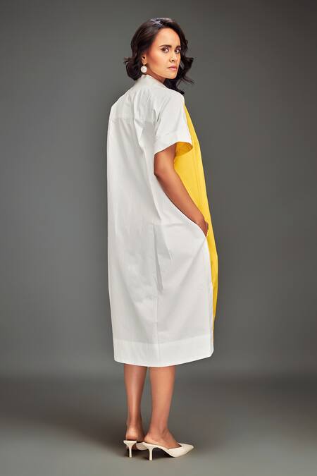 Shop Deepika Arora Yellow Cotton Collared Color-blocked Midi Dress at Aza Fashions Shop_Deepika Arora_Yellow Cotton Collared Color-blocked Midi Dress _at_Aza_Fashions