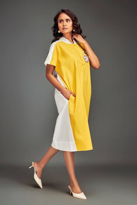 Deepika Arora Yellow Cotton Collared Color-blocked Midi Dress Online at Aza Fashions Deepika Arora_Yellow Cotton Collared Color-blocked Midi Dress _Online_at_Aza_Fashions
