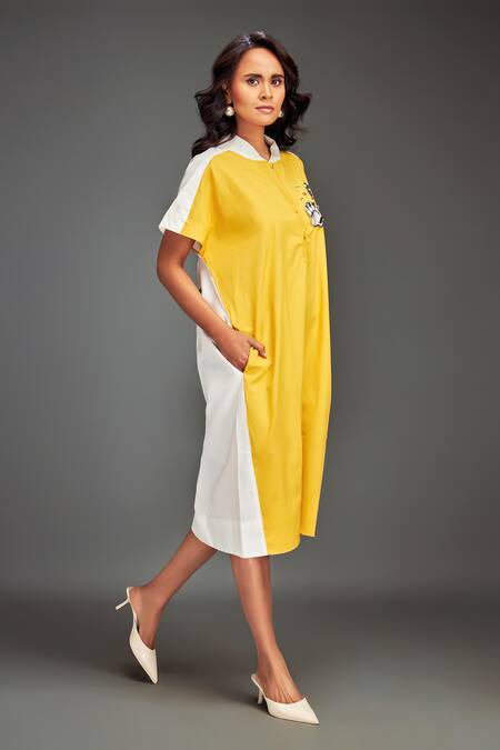 Buy Deepika Arora Yellow Cotton Collared Color-blocked Midi Dress Online at Aza Fashions Buy_Deepika Arora_Yellow Cotton Collared Color-blocked Midi Dress _Online_at_Aza_Fashions