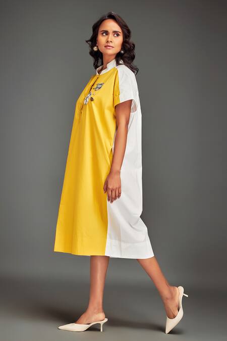 Shop Deepika Arora Yellow Cotton Collared Color-blocked Midi Dress Online at Aza Fashions Shop_Deepika Arora_Yellow Cotton Collared Color-blocked Midi Dress _Online_at_Aza_Fashions