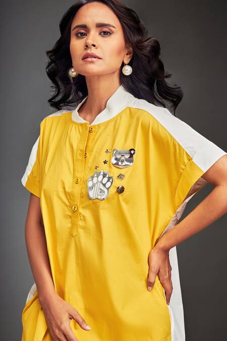 Deepika Arora Yellow Cotton Collared Color-blocked Midi Dress at Aza Fashions Deepika Arora_Yellow Cotton Collared Color-blocked Midi Dress _at_Aza_Fashions
