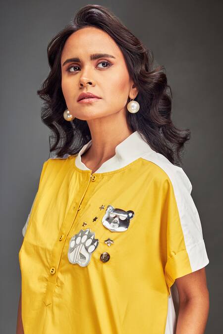 Buy Deepika Arora Yellow Cotton Collared Color-blocked Midi Dress Buy_Deepika Arora_Yellow Cotton Collared Color-blocked Midi Dress