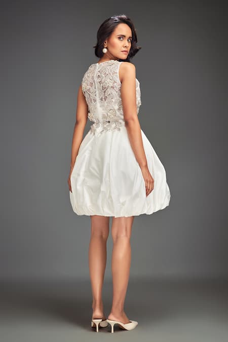 Shop_Deepika Arora_White Net Beads, Embroidery Round Neck Beaded Floral Embellished Dress _at_Aza_Fashions