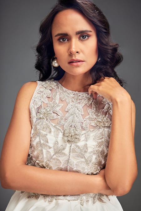 Deepika Arora_White Net Beads, Embroidery Round Neck Beaded Floral Embellished Dress _Online_at_Aza_Fashions