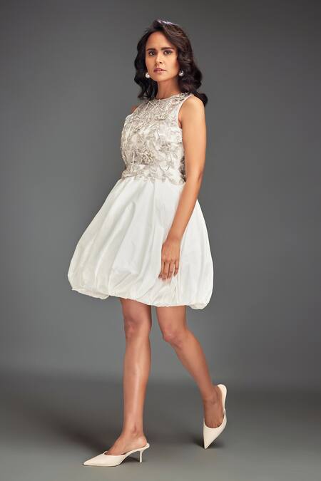 Deepika Arora_White Net Beads, Embroidery Round Neck Beaded Floral Embellished Dress _at_Aza_Fashions