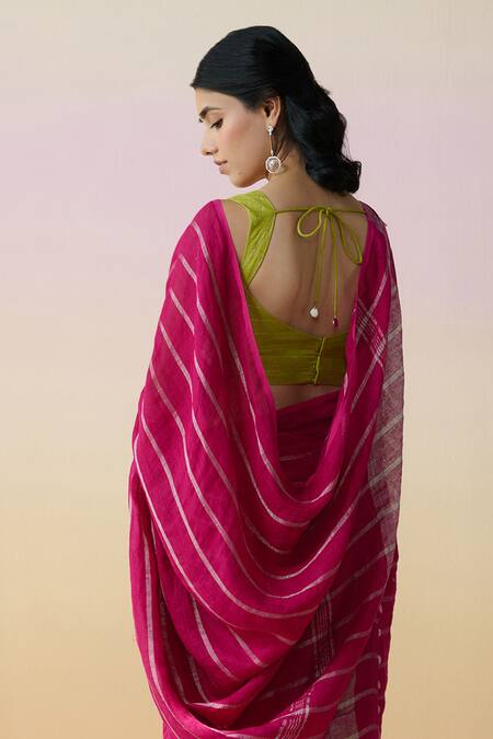 Buy Dressfolk Rose Gold Linen Handloom Rani Pink Saree With Running Blouse Online at Aza Fashions Buy_Dressfolk_Rose Gold Linen Handloom Rani Pink Saree With Running Blouse_Online_at_Aza_Fashions