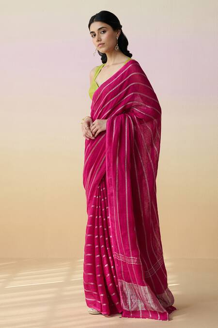 Shop Dressfolk Rose Gold Linen Handloom Rani Pink Saree With Running Blouse Online at Aza Fashions Shop_Dressfolk_Rose Gold Linen Handloom Rani Pink Saree With Running Blouse_Online_at_Aza_Fashions