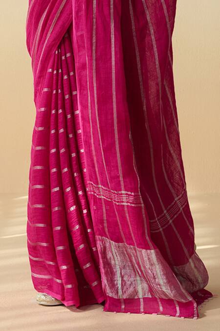 Dressfolk Rose Gold Linen Handloom Rani Pink Saree With Running Blouse at Aza Fashions Dressfolk_Rose Gold Linen Handloom Rani Pink Saree With Running Blouse_at_Aza_Fashions