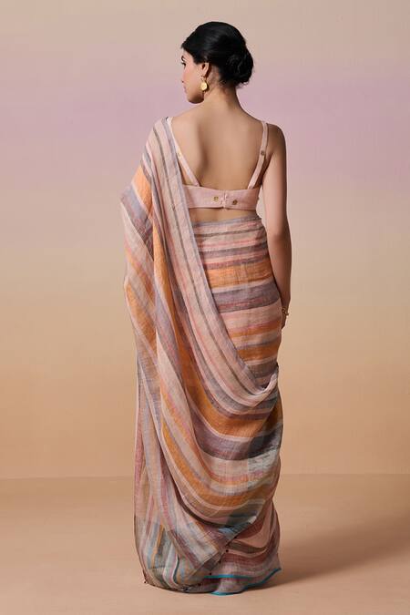 Shop Dressfolk Multi Color Handloom Cotton, Multi-colour Stripe Saree With Running Blouse at Aza Fashions Shop_Dressfolk_Multi Color Handloom Cotton, Multi-colour Stripe Saree With Running Blouse_at_Aza_Fashions