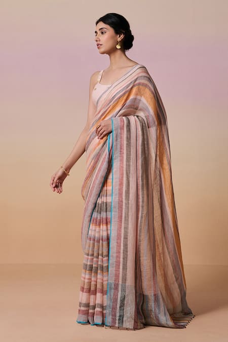 Shop Dressfolk Multi Color Handloom Cotton, Multi-colour Stripe Saree With Running Blouse Online at Aza Fashions Shop_Dressfolk_Multi Color Handloom Cotton, Multi-colour Stripe Saree With Running Blouse_Online_at_Aza_Fashions