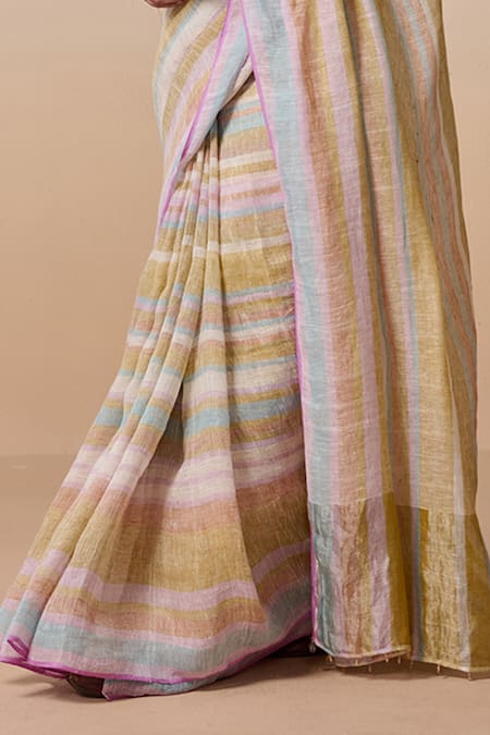 Dressfolk_Multi Color Handloom Cotton, Multi-colour Stripe Saree With Running Blouse_Online_at_Aza_Fashions