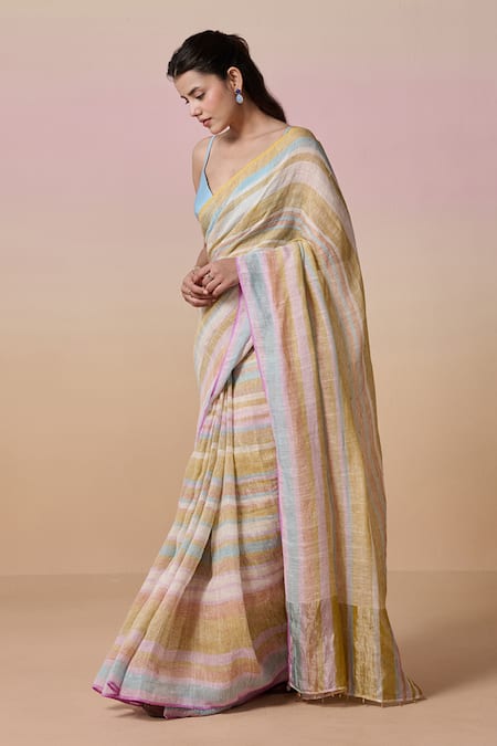 Buy_Dressfolk_Multi Color Handloom Cotton, Multi-colour Stripe Saree With Running Blouse_Online_at_Aza_Fashions