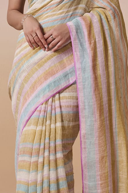 Dressfolk_Multi Color Handloom Cotton, Multi-colour Stripe Saree With Running Blouse_at_Aza_Fashions