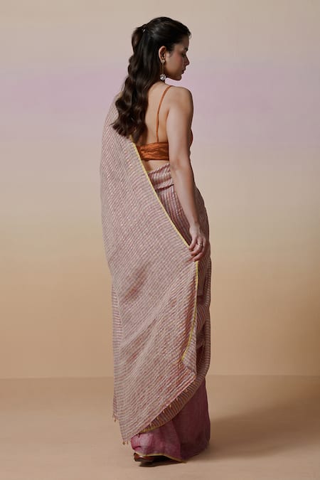 Dressfolk Multi-Colour Stripe Handloom Linen Saree with Running Blouse 