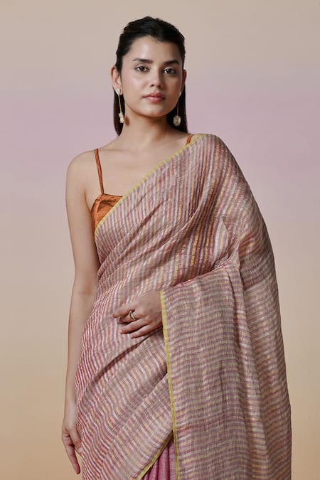 Buy_Dressfolk_Pink Linen Multi-colour Stripe Handloom Saree With Running Blouse _Online_at_Aza_Fashions