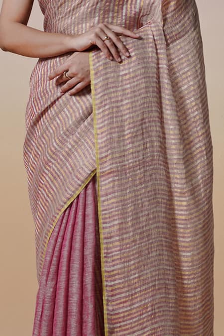 Shop_Dressfolk_Pink Linen Multi-colour Stripe Handloom Saree With Running Blouse _Online_at_Aza_Fashions