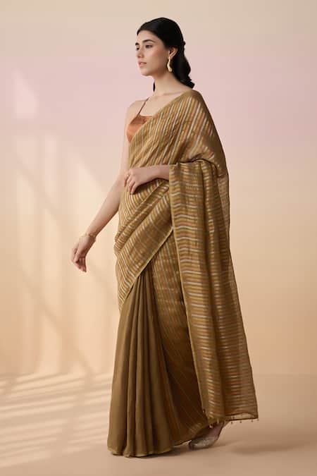 Dressfolk_Olive Green Handloom Cotton Half And Copper Striped Saree With Running Blouse _Online_at_Aza_Fashions