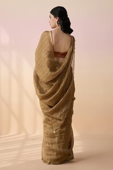 Dressfolk Half Olive Green & Copper Zari Striped Saree with Running Blouse 