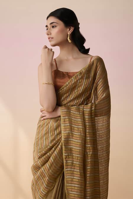 Buy_Dressfolk_Olive Green Handloom Cotton Half And Copper Striped Saree With Running Blouse _Online_at_Aza_Fashions