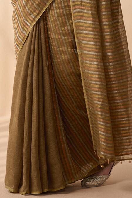 Shop_Dressfolk_Olive Green Handloom Cotton Half And Copper Striped Saree With Running Blouse _Online_at_Aza_Fashions