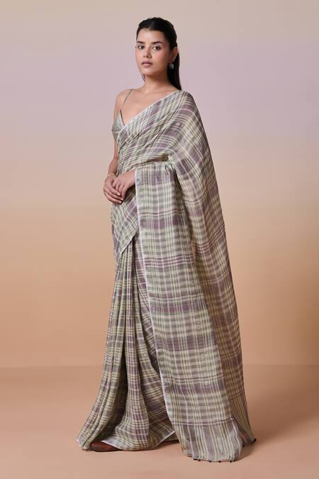 Dressfolk_Green Handloom Cotton, Linen Sage Checks Saree With Running Blouse_Online_at_Aza_Fashions