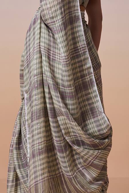 Shop_Dressfolk_Green Handloom Cotton, Linen Sage Checks Saree With Running Blouse_Online_at_Aza_Fashions
