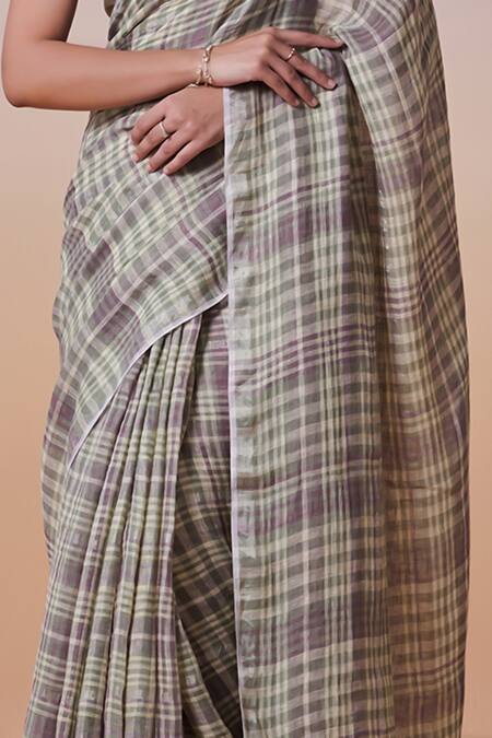 Dressfolk_Green Handloom Cotton, Linen Sage Checks Saree With Running Blouse_at_Aza_Fashions