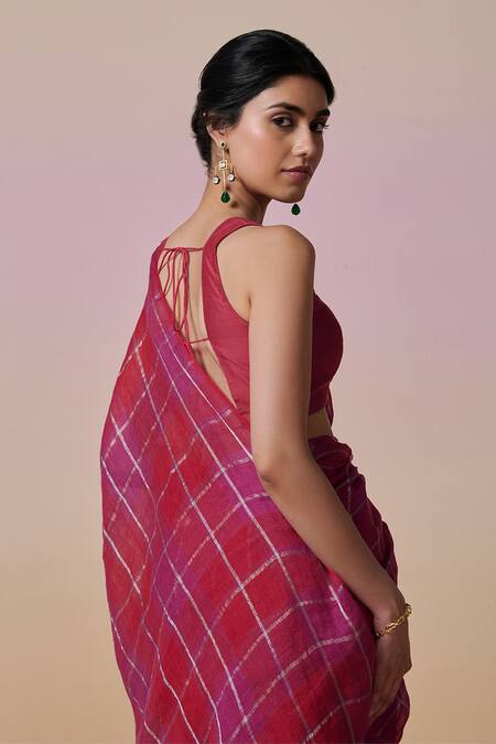 Dressfolk_Pink Handloom Cotton Zari Rani Checks Linen Saree With Running Blouse_Online_at_Aza_Fashions