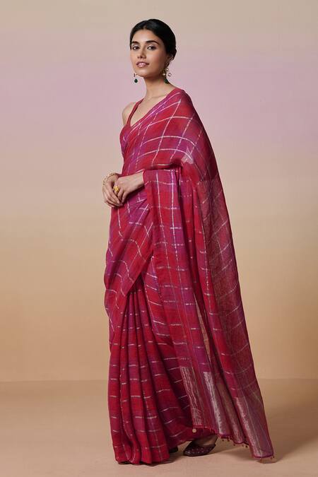 Buy_Dressfolk_Pink Handloom Cotton Zari Rani Checks Linen Saree With Running Blouse_Online_at_Aza_Fashions