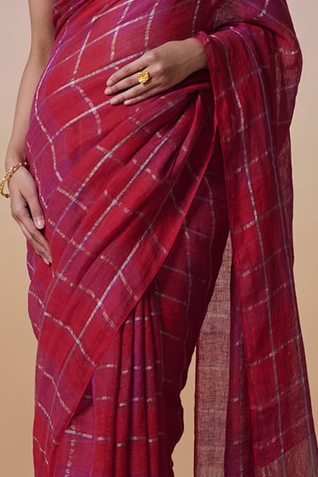 Shop_Dressfolk_Pink Handloom Cotton Zari Rani Checks Linen Saree With Running Blouse_Online_at_Aza_Fashions