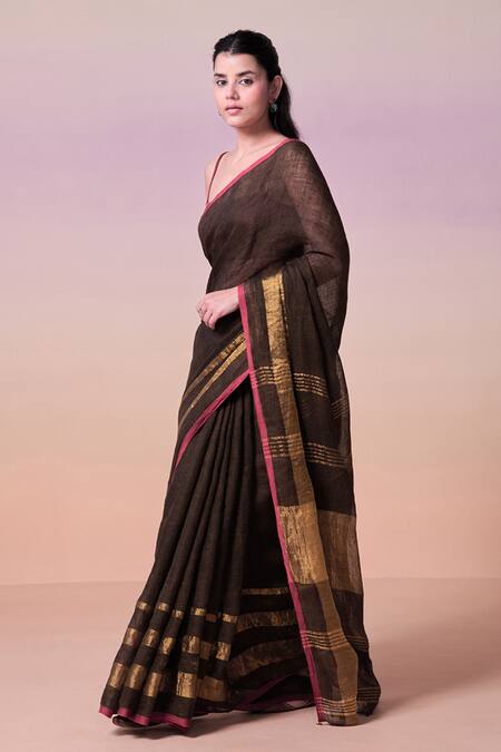 Dressfolk_Brown Linen Zari Handloom Saree With Running Blouse_Online_at_Aza_Fashions