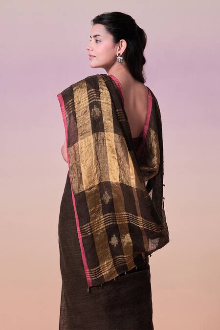 Buy_Dressfolk_Brown Linen Zari Handloom Saree With Running Blouse_Online_at_Aza_Fashions