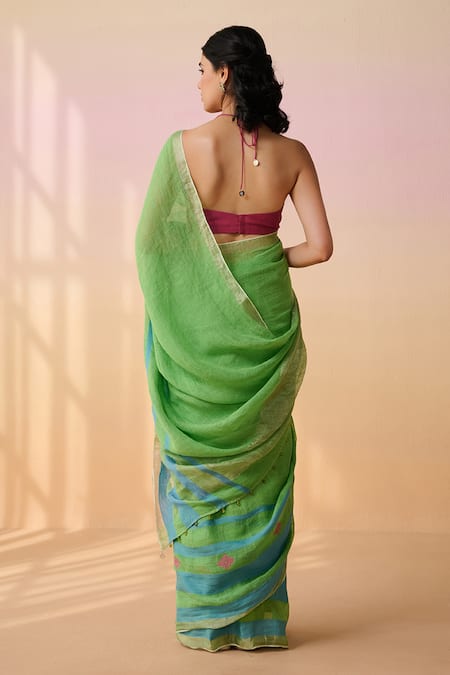 Shop_Dressfolk_Green Linen Embroidery Parrot Handloom Saree _at_Aza_Fashions