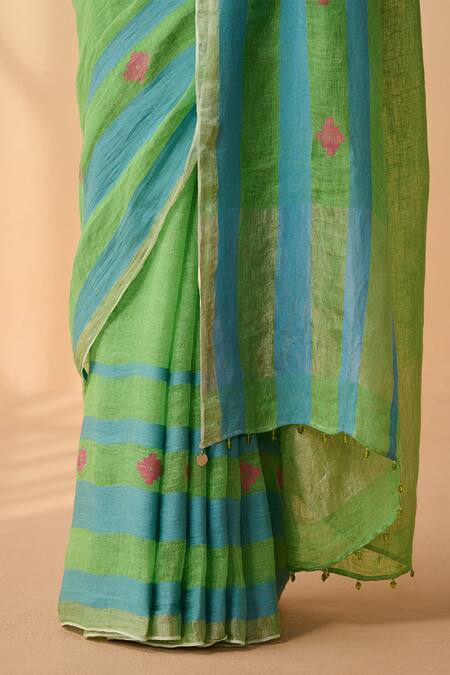 Shop_Dressfolk_Green Linen Embroidery Parrot Handloom Saree _Online_at_Aza_Fashions