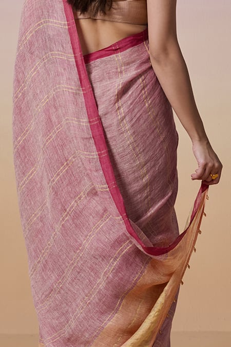 Dressfolk Pink Linen Half Orange And Handloom Saree With Running Blouse Online at Aza Fashions Dressfolk_Pink Linen Half Orange And Handloom Saree With Running Blouse_Online_at_Aza_Fashions