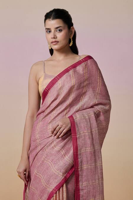 Buy Dressfolk Pink Linen Half Orange And Handloom Saree With Running Blouse Online at Aza Fashions Buy_Dressfolk_Pink Linen Half Orange And Handloom Saree With Running Blouse_Online_at_Aza_Fashions