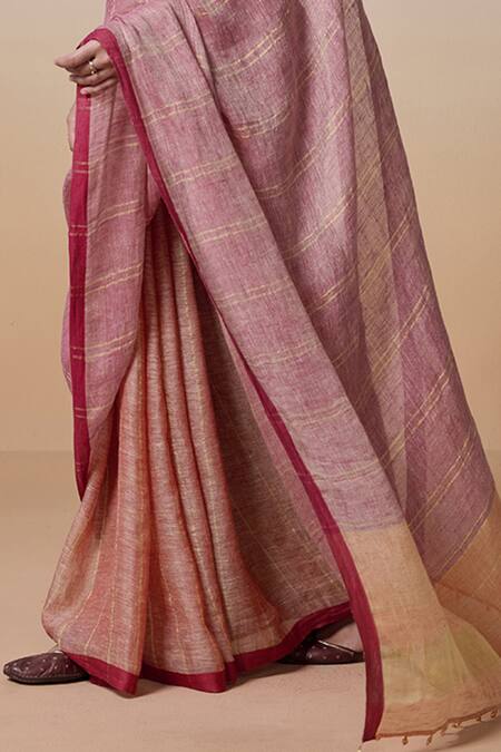 Shop Dressfolk Pink Linen Half Orange And Handloom Saree With Running Blouse Online at Aza Fashions Shop_Dressfolk_Pink Linen Half Orange And Handloom Saree With Running Blouse_Online_at_Aza_Fashions