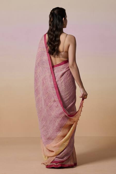 Shop Dressfolk Pink Linen Half Orange And Handloom Saree With Running Blouse at Aza Fashions Shop_Dressfolk_Pink Linen Half Orange And Handloom Saree With Running Blouse_at_Aza_Fashions