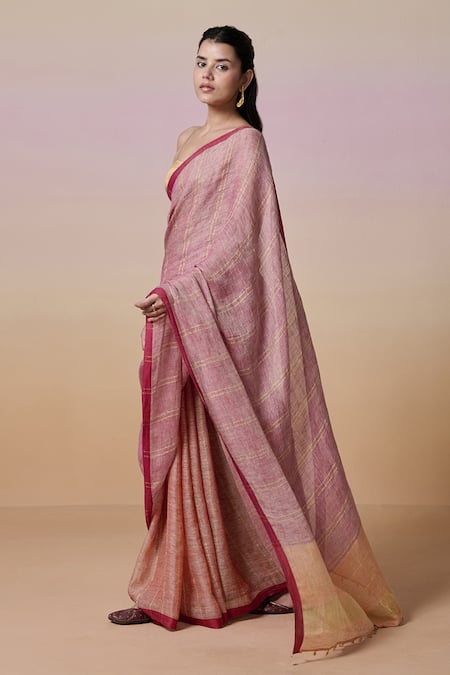 Dressfolk Pink Linen Half Orange And Handloom Saree With Running Blouse at Aza Fashions Dressfolk_Pink Linen Half Orange And Handloom Saree With Running Blouse_at_Aza_Fashions