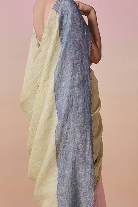 Dressfolk_Pink Handloom Cotton Zari Half And Green Linen Saree With Running Blouse_Online_at_Aza_Fashions