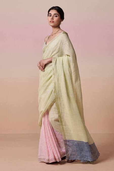 Shop_Dressfolk_Pink Handloom Cotton Zari Half And Green Linen Saree With Running Blouse_Online_at_Aza_Fashions