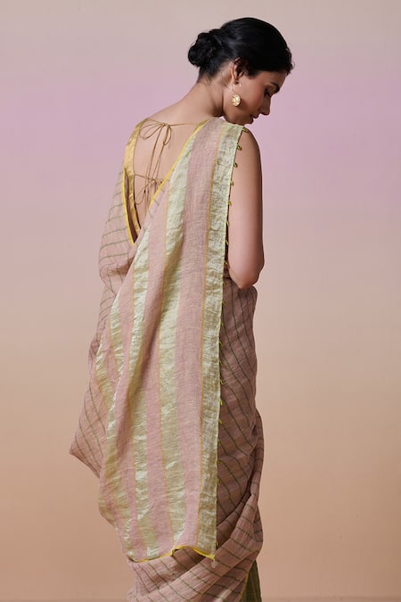 Dressfolk Beige Linen Half And Green Handloom Saree With Running Blouse Online at Aza Fashions Dressfolk_Beige Linen Half And Green Handloom Saree With Running Blouse_Online_at_Aza_Fashions