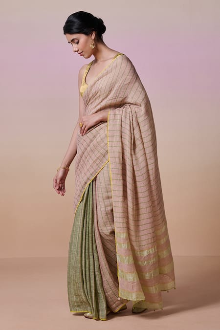 Buy Dressfolk Beige Linen Half And Green Handloom Saree With Running Blouse Online at Aza Fashions Buy_Dressfolk_Beige Linen Half And Green Handloom Saree With Running Blouse_Online_at_Aza_Fashions